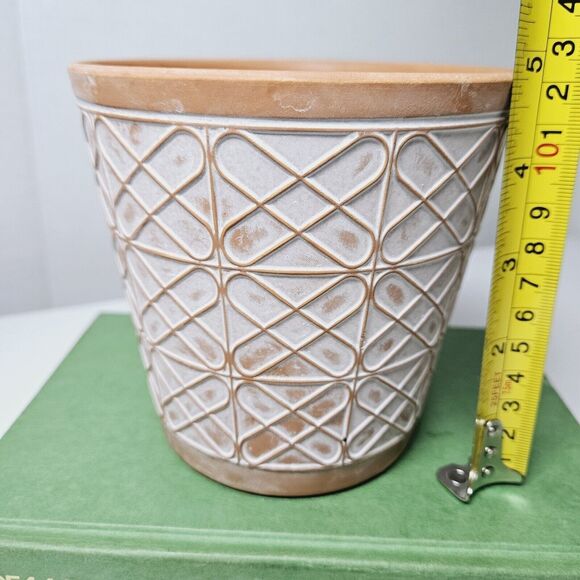Small Terracotta Planter Raised Pattern With Brushed White 5 Inches Bohemian Pot - Picture 8 of 12